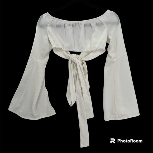 Tobi Crop Top Tie Front Small White Long Flare Sleeve Elastic Back Festival Boho - Picture 2 of 12